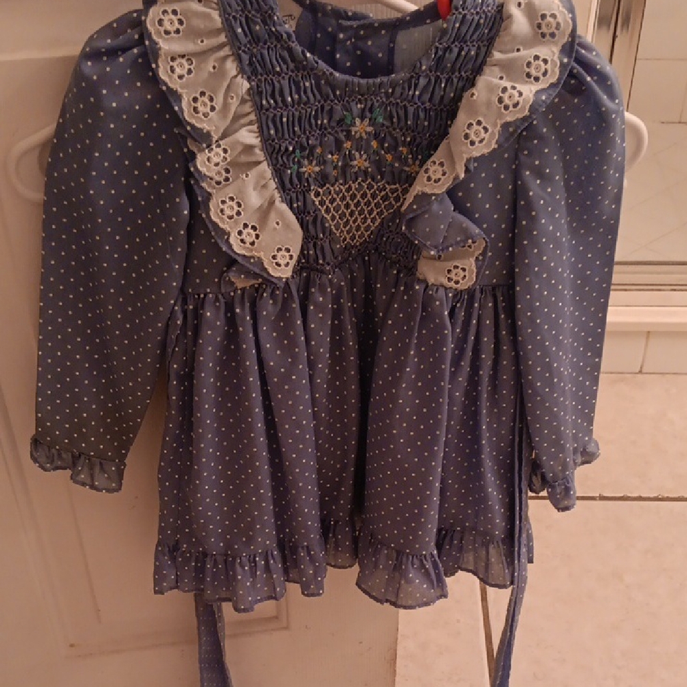 Blue Polka Dot Girls' Smocked Ruffle Dress